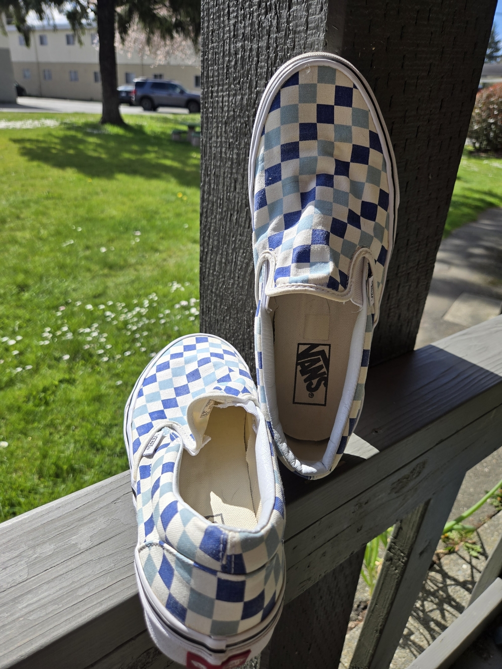 Vans Womens Slip-On Checkerboard Sneakers - Light Blue & Navy